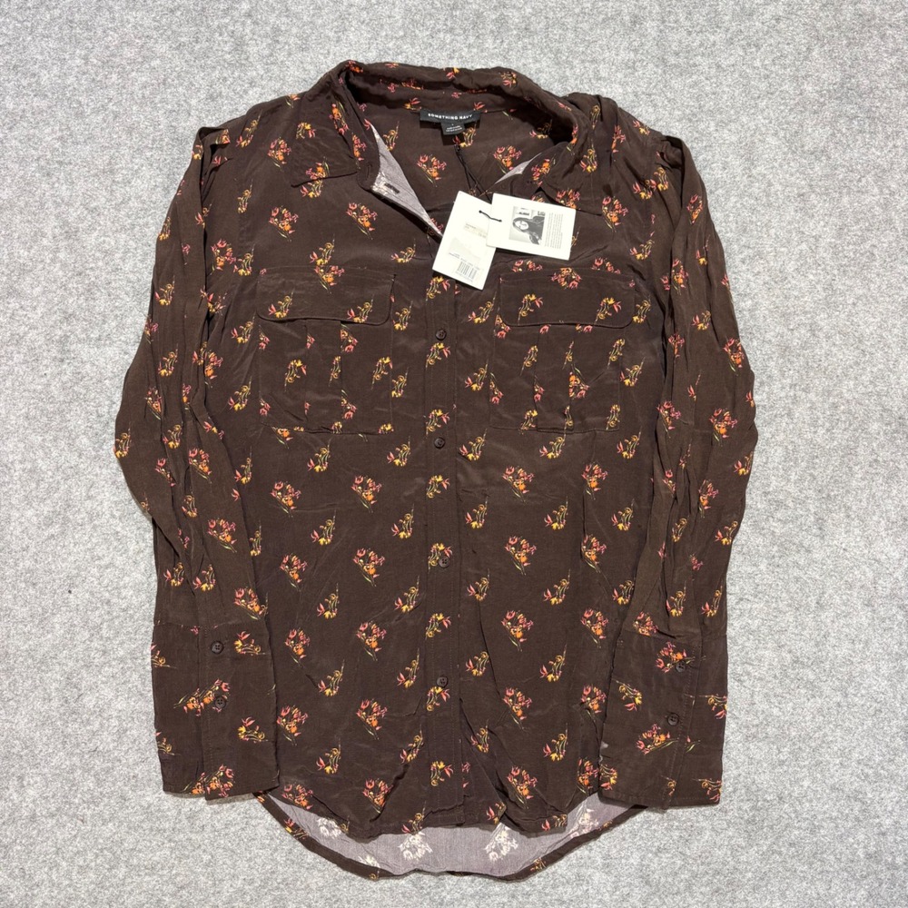 Something Navy Brown Floral Long Sleeve Button Down Shirt Small NWT SN418362MI